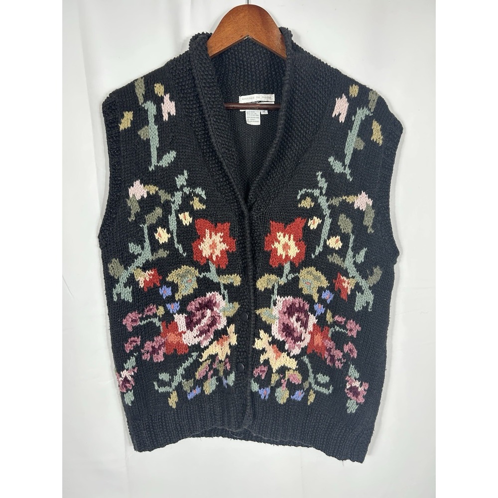 VTG Jennifer Reed Hand Knitted‎ Sweater Vest Dark Floral Cottagecore Twee Size M